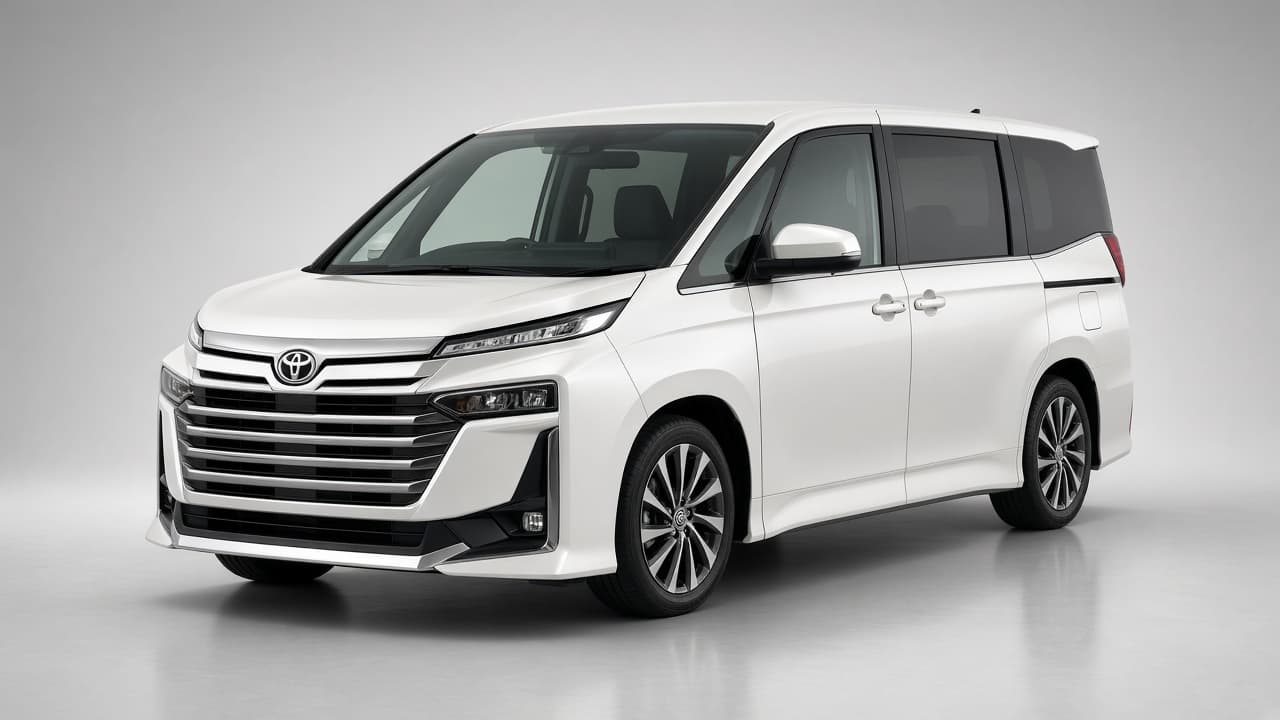 Latest Toyota Voxy MPV in pearl white, three-quarter front view