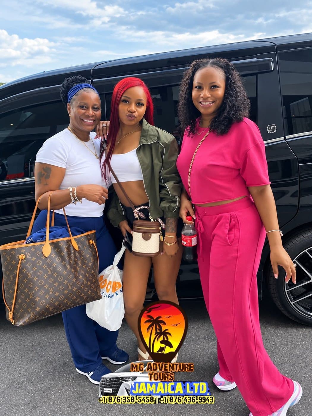 Three guests at a villa pickup with MG Adventure Tours